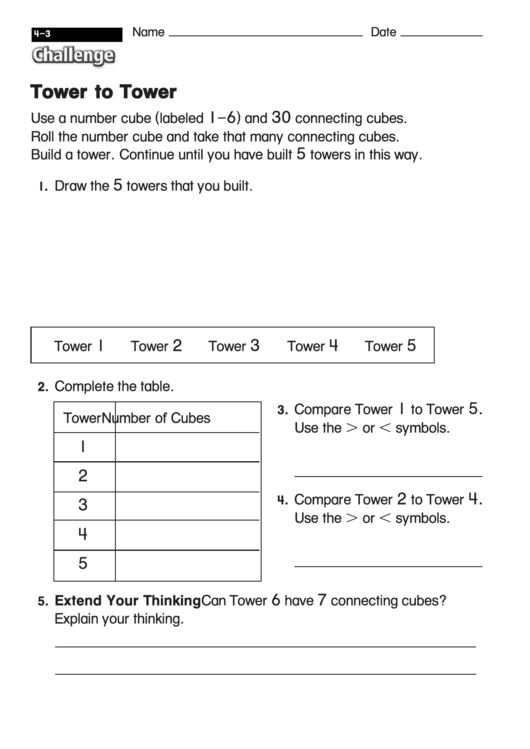 Tower To Tower - Math Worksheet With Answers Printable pdf