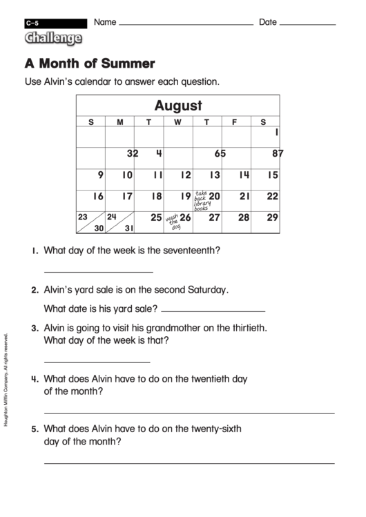 August - Mathworksheet With Answers Printable pdf