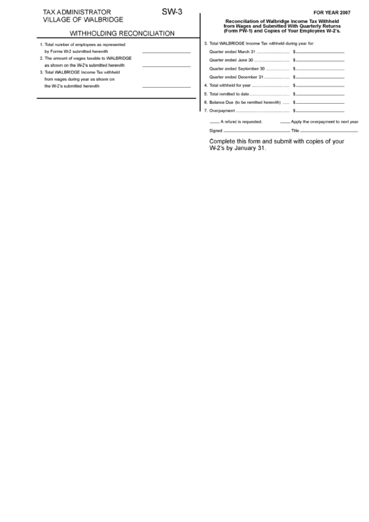 Form Sw-3 - Withholding Reconciliation - Village Of Walbridge - 2007 Printable pdf