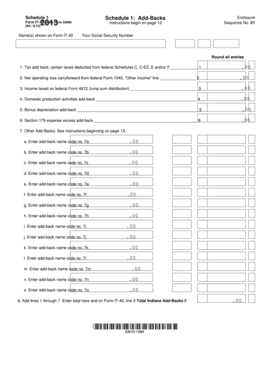 Fillable Form It-40 - Schedule 1: Add-Backs - 2013 Printable pdf