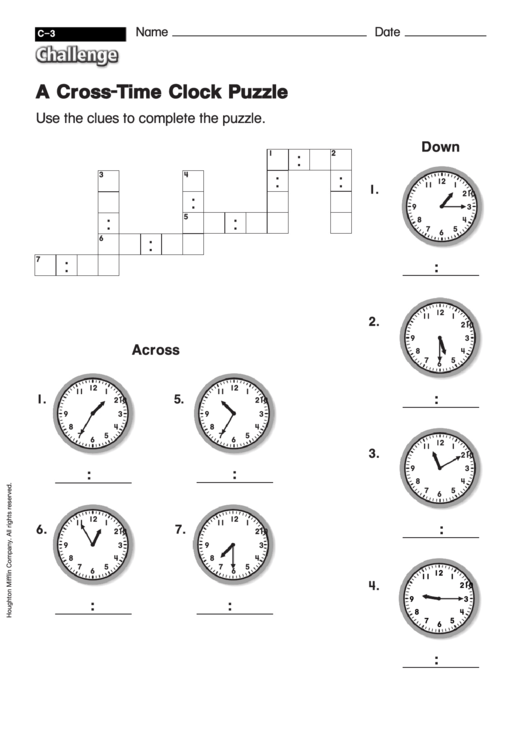 A Cross-Time Clock Puzzle - Math Worksheet With Answers Printable pdf