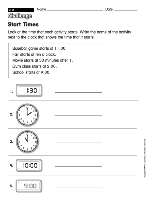 Start Times - Math Worksheet With Answers Printable pdf