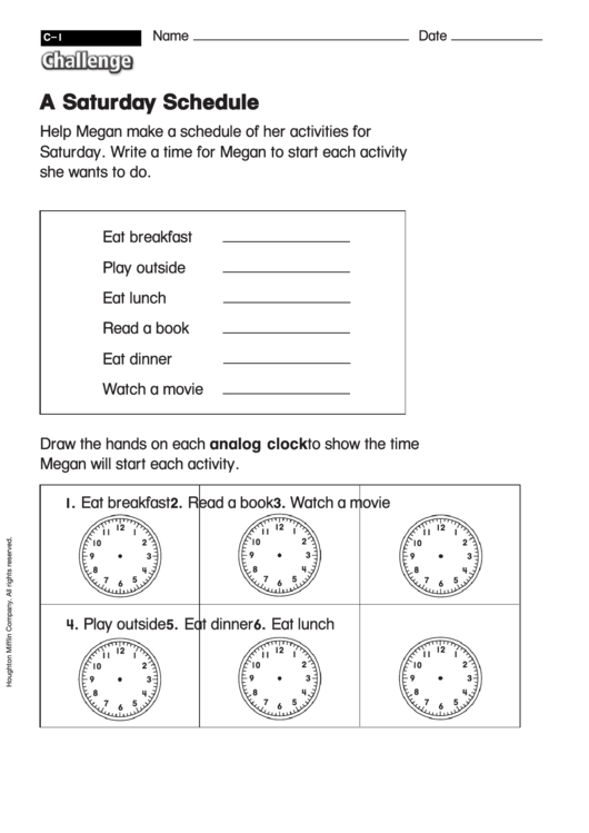 A Saturday Schedule - Math Worksheet With Answers Printable pdf