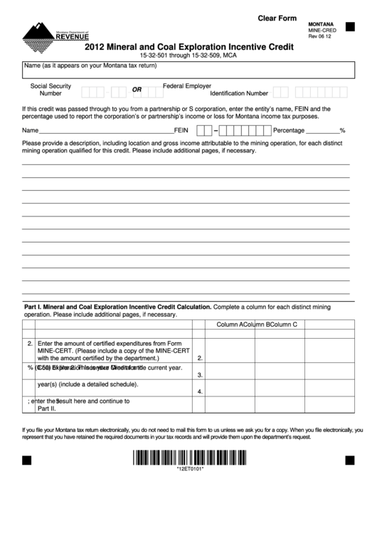 Fillable Form Mine-Cred - Mineral And Coal Exploration Incentive Credit - 2012 Printable pdf