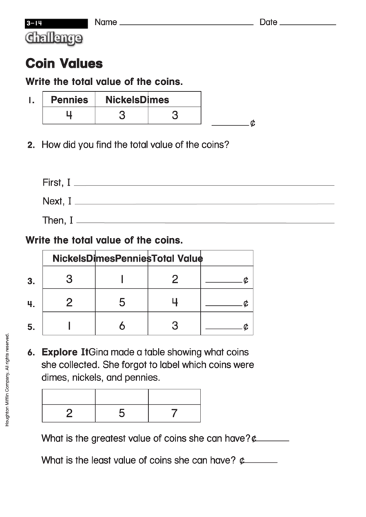 Coin Values - Number Value Worksheet With Answers