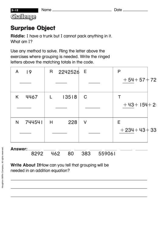 Surprise Object - Addition Worksheet With Answers