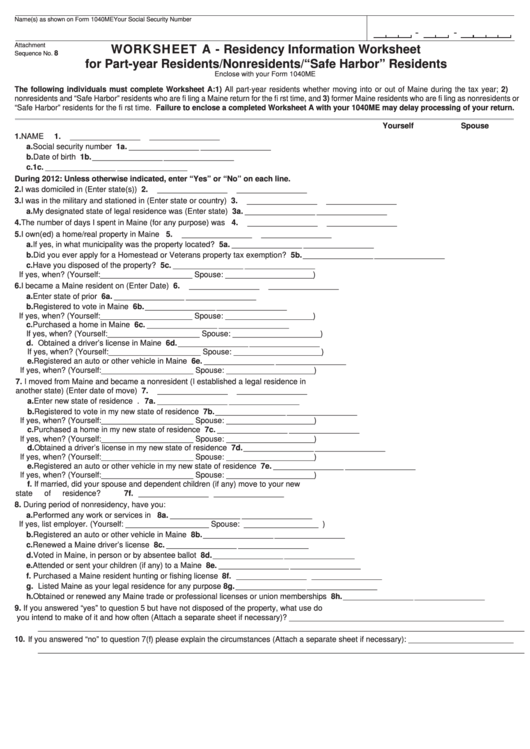 Fillable Residency Information Worksheet For Part-Year Residents/nonresidents/"Safe Harbor" Residents Printable pdf