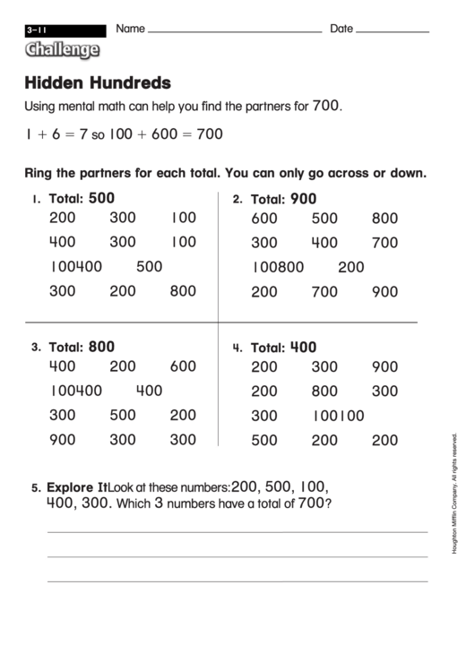 Hidden Hundreds - Addition Worksheet With Answers