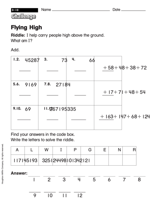 Flying High - Addition Worksheet With Answers