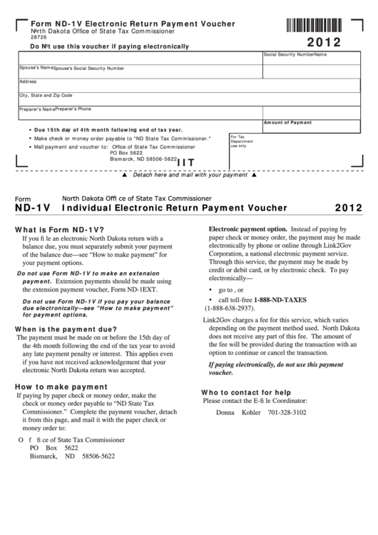 Fillable Form Nd-1v - Electronic Return Payment Voucher North Dakota Office Of State Tax Commissioner - 2012 Printable pdf
