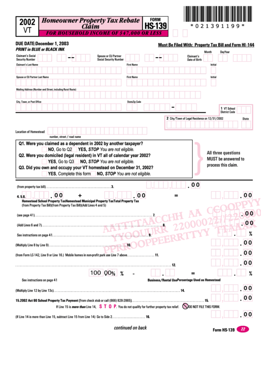 Form Hs-139 - Homeowner Property Tax Rebate Claim - 2002 Printable pdf