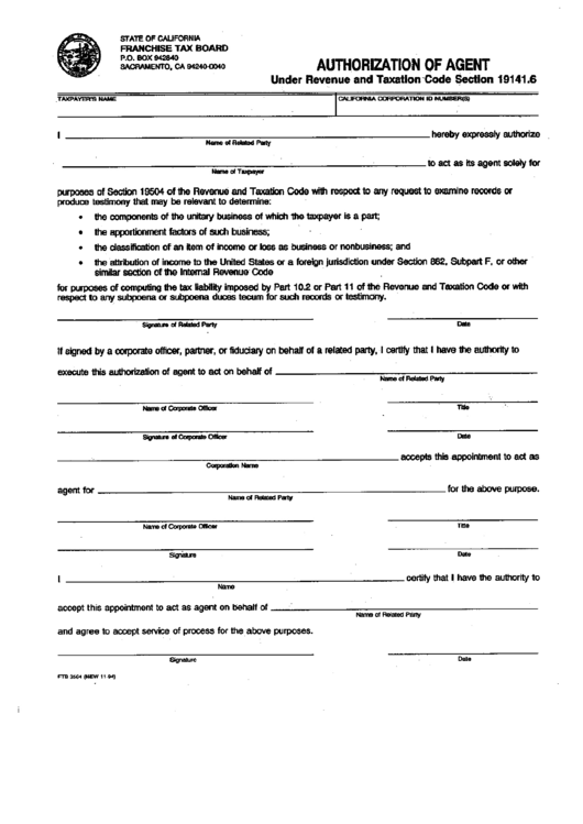 Form Ftb 3564 - Authorization Of Agent - State Of California Printable pdf