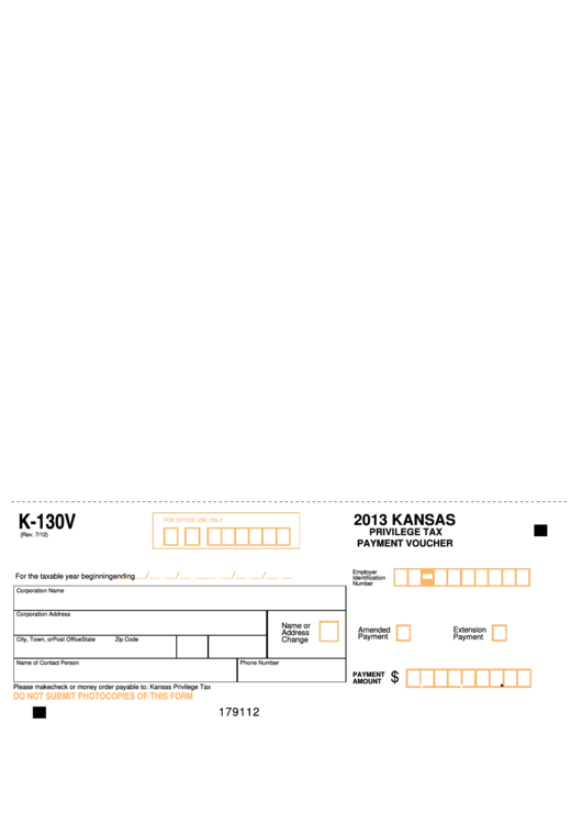Form K-130v - Privilege Tax Payment Voucher - 2013 Printable pdf
