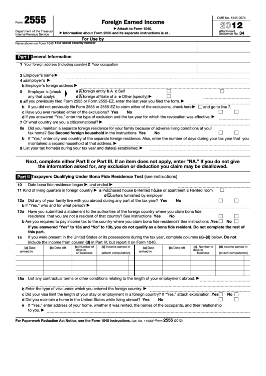 Fillable Form 2555 - Foreign Earned Income - 2012 Printable pdf