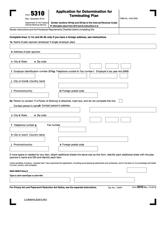 Form 5310 - Application For Determination For Terminating Plan
