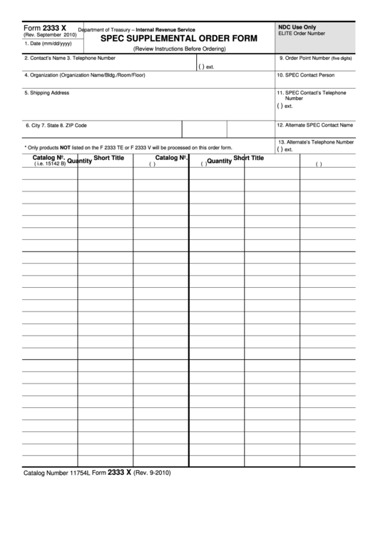 Fillable Form 2333 X - Spec Supplemental Order Form Printable pdf