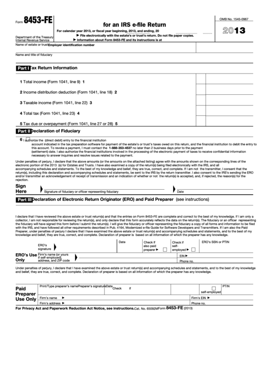 Fillable Form 8453-Fe - U.s. Estate Or Trust Declaration For An Irs E-File Return - 2013 Printable pdf