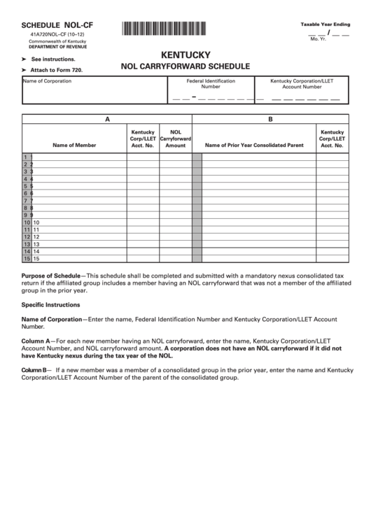 Form 41a720nol-Cf (10-12) - Kentucky Nol Carryforward Schedule Printable pdf