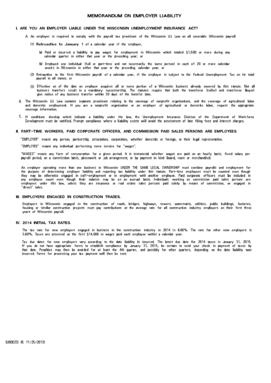Form U00023 - Memorandum On Employer Liability Printable pdf