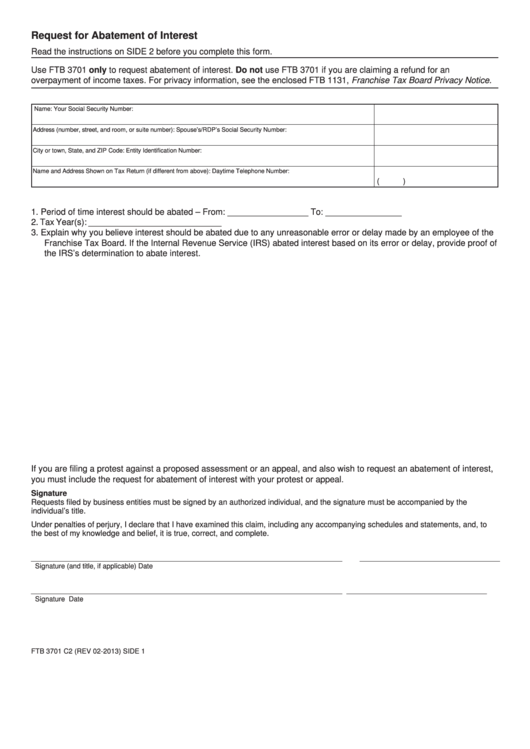 Form Ftb 3701 - Request For Abatement Of Interest Printable pdf
