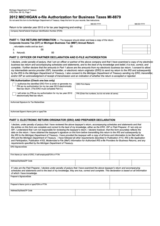 Form 4763 - E-File Authorization For Business Taxes Mi-8879 - 2012 Printable pdf