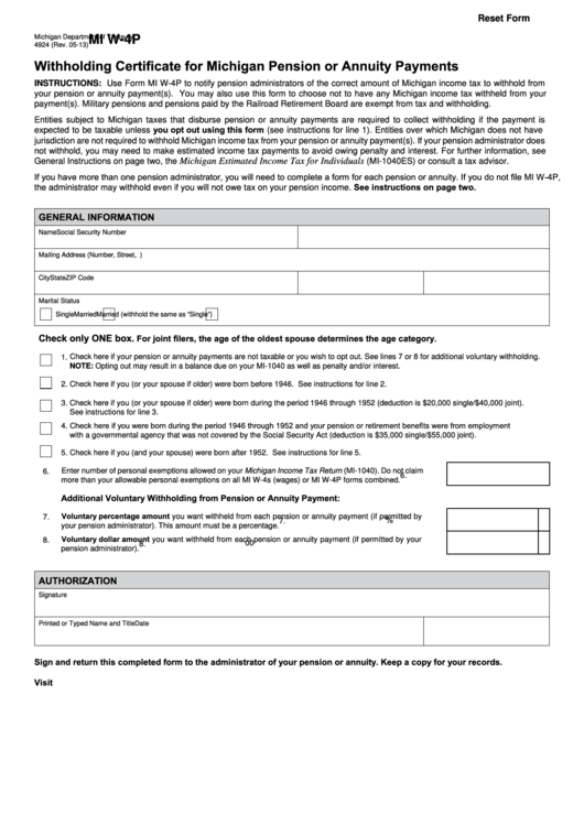Fillable Form Mi W-4p - Withholding Certificate For Michigan Pension Or Annuity Payments Printable pdf