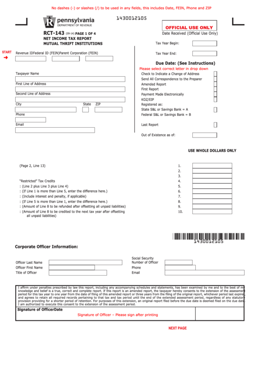 Fillable Form Rct-143 - Net Income Tax Report - Mutual Thrift Institutions Printable pdf