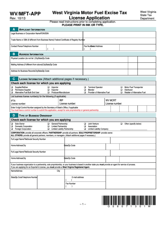 Form Wv/mft-App - West Virginia Motor Fuel Excise Tax License Application Printable pdf