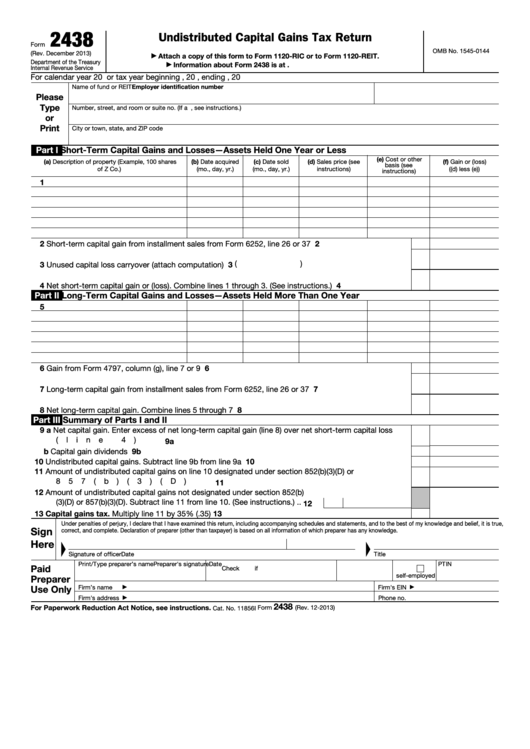 Fillable Form 2438 - Undistributed Capital Gains Tax Return Printable pdf