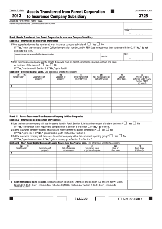 Fillable California Form 3725 - Assets Transferred From Parent Corporation To Insurance Company Subsidiary - 2013 Printable pdf