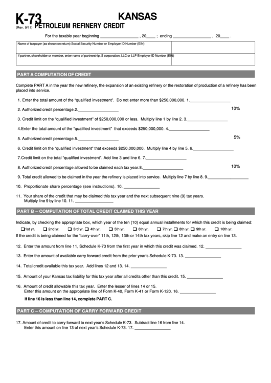 Fillable Schedule K-73 - Kansas Petroleum Refinery Credit Printable pdf