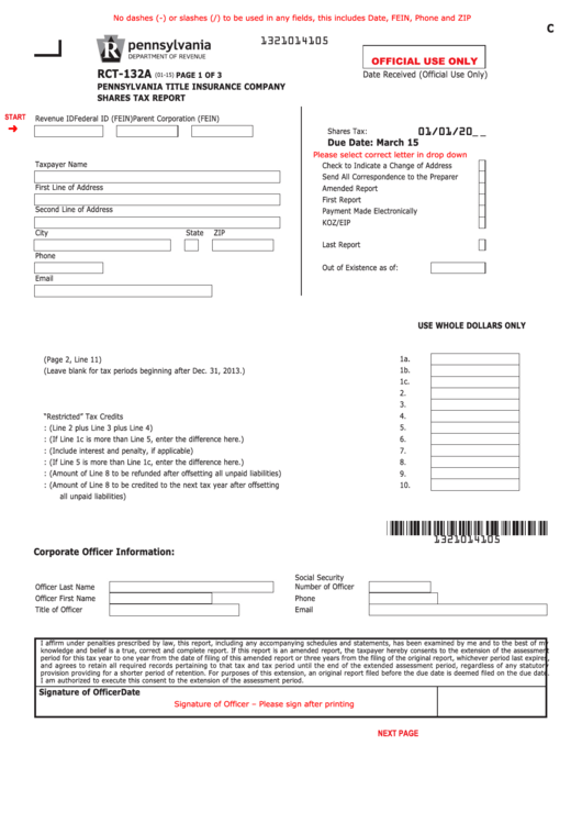 Fillable Form Rct-132a - Pennsylvania Title Insurance Company Shares Tax Report Printable pdf