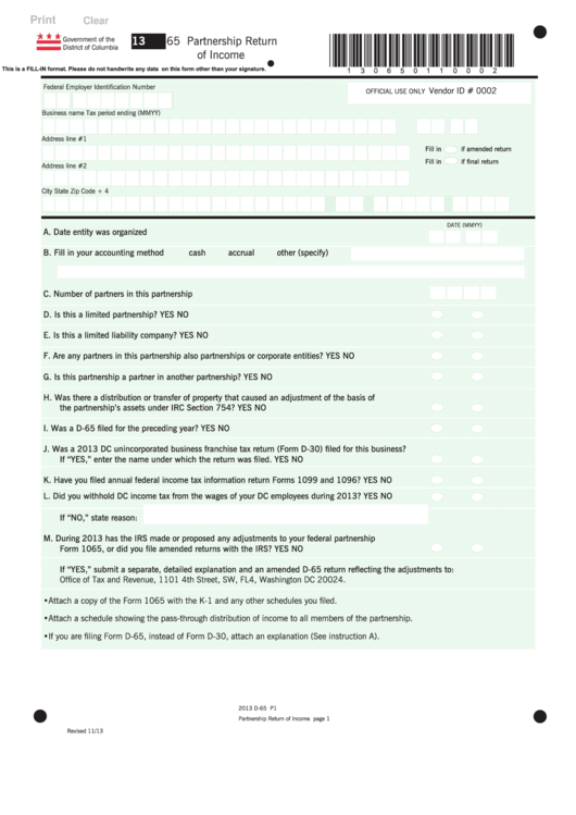 Fillable Form D-65 - Partnership Return Of Income - 2013 Printable pdf