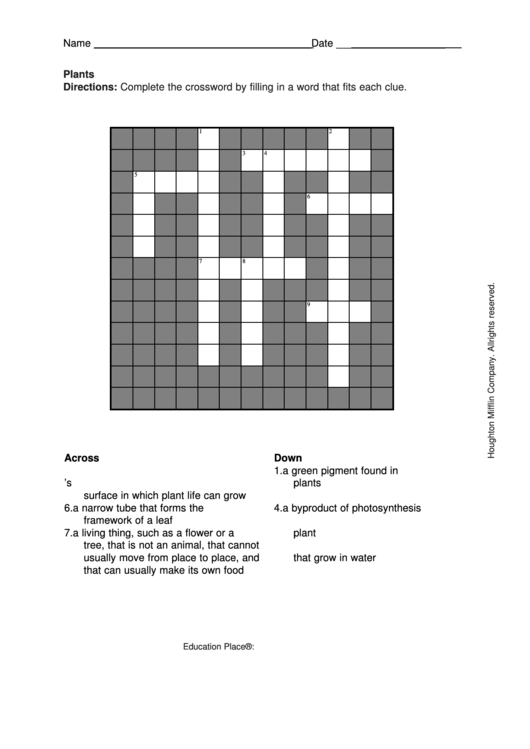 Plants Crossword Puzzle Template Printable pdf