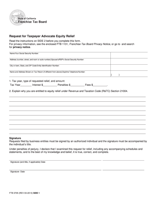 Form Ftb 3705 - Request For Taxpayer Advocate Equity Relief Printable pdf