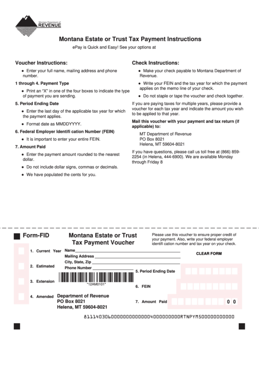 Fillable Form-Fid - Montana Estate Or Trust Tax Payment Voucher Printable pdf