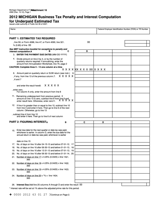 Form 4582 - Business Tax Penalty And Interest Computation For Underpaid Estimated Tax - 2012 Printable pdf