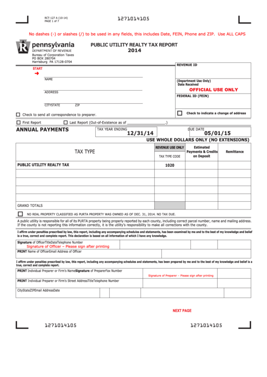 Fillable Form Rct-127 A - Public Utility Realty Tax Report - 2014 Printable pdf