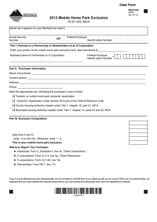 Fillable Form Mhpe - Mobile Home Park Exclusion - 2013 Printable pdf
