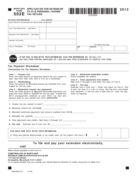 Fillable Maryland Form 502e - Application For Extension To File Personal Income Tax Return - 2013 Printable pdf