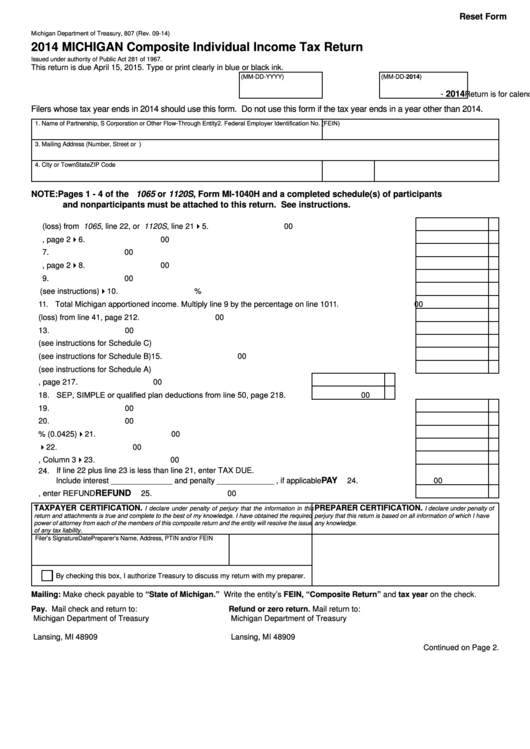 Fillable Form 807 - Michigan Composite Individual Income Tax Return - 2014 Printable pdf
