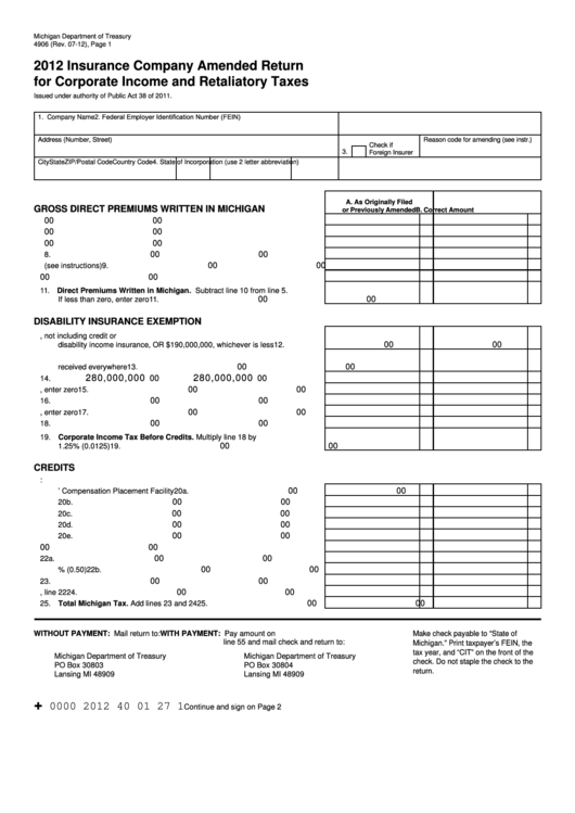 Form 4906 - Insurance Company Amended Return For Corporate Income And Retaliatory Taxes - 2012 Printable pdf