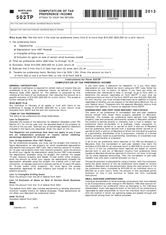 Fillable Maryland Form 502tp - Computation Of Tax Preference Income - 2013 Printable pdf