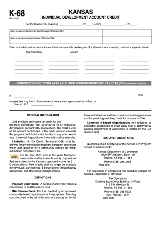 Fillable Schedule K-68 - Kansas Individual Development Account Credit Printable pdf