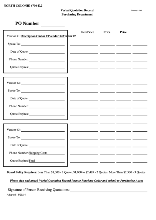 Form 6700-E.2 - Verbal Quotation Record Printable pdf