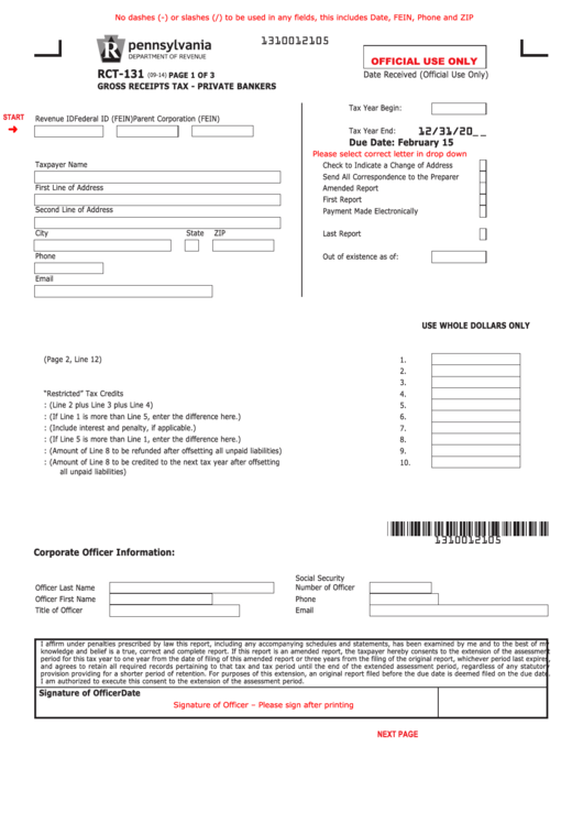 Fillable Form Rct-131 - Gross Receipts Tax Report - Private Bankers Printable pdf
