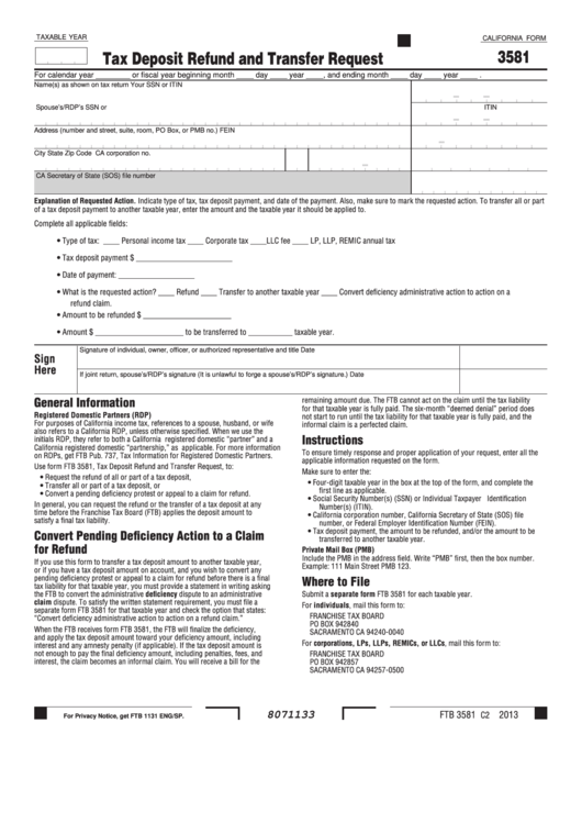 California Form 3581 - Tax Deposit Refund And Transfer Request Printable pdf