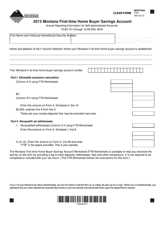 Fillable Form Ftb - Montana First-Time Home Buyer Savings Account - 2013 Printable pdf