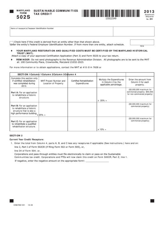 Fillable Maryland Form 502s - Sustainable Communities Tax Credit - 2013 Printable pdf