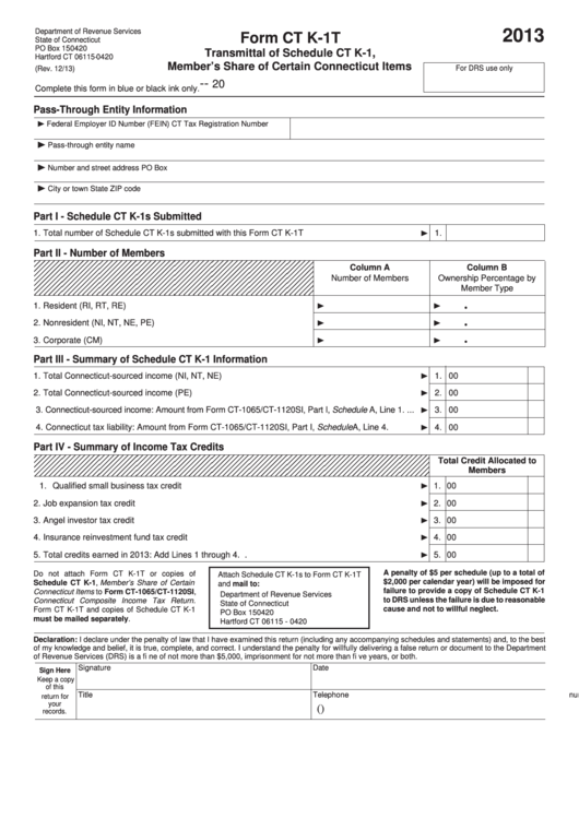 Fillable Form Ct K-1t - Transmittal Of Schedule Ct K-1, Member'S Share